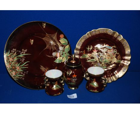 Five pieces of Carltonware 'Rouge Royale' including Plate decorated with spider's web, 10 3/4'' diameter, Dish, 9'', pair of 