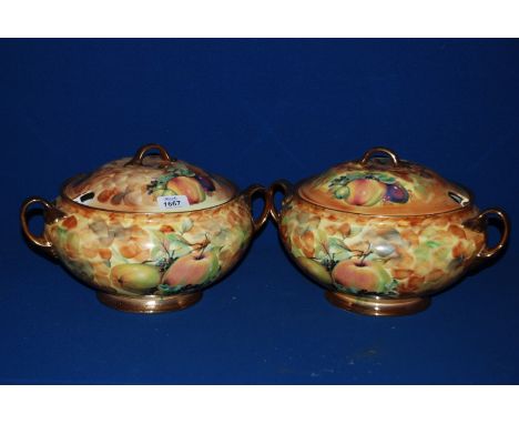 Two lidded Tureens, both signed M & A Bloor, decorated with currants, berries and apples, one a/f