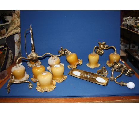 A 3 branch brass ceiling light, 2 branch wall lights and 4 single branch wall lights plus 9 shades