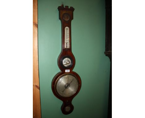 A boxwood strung Mahogany Barometer, originally a five point but now including barometer, thermometer, level, hydrometer (a/f