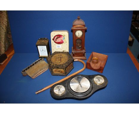 A quantity of miscellanea including Carriage Clock by Oswin's of Hereford, a Barometer, clothes brushes, miniature Grandfathe