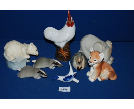 A quantity of Russian figures including Elephant, two Badgers, Hedgehog and an USSR Lion Cub, plus Polar Bear by Eva Dalberg,