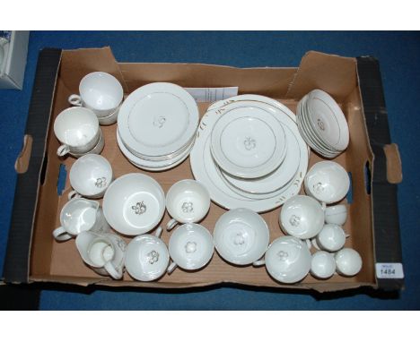 A quantity of china in white with gilt design including eleven Tea Cups, fourteen saucers, Milk Jug, Sugar Bowls, Egg Cups, s