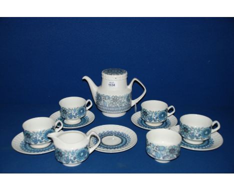 An Ironstone blue leaf pattern ''Pontesa'' tea service including teapot, milk jug, sugar bowl, six cups and saucers 