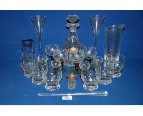 A quantity of glass including six Tumblers, Decanter, green stemmed Liquor Glasses, etc.