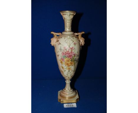 A Royal Worcester blush Ivory, decorated with spring flowers, ornate handles with figure head,   11'' tall