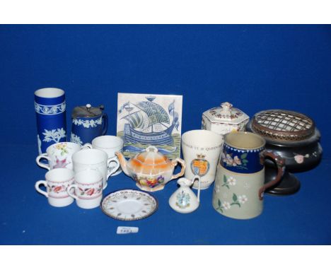 A quantity of china including Wedgwood Vase and Jug (jug a/f), Mason's Tea Caddy, floral decorated Rose Bowl, commemorative B