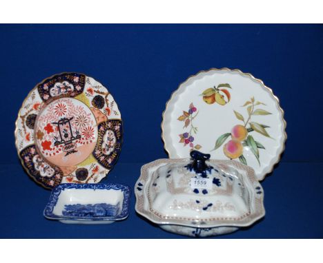 A Royal Worcester 'Evesham' Flan dish, blue and white Geo. Jones Abbey Shredded Wheat dish, a Copeland bowl and an Indian Tre