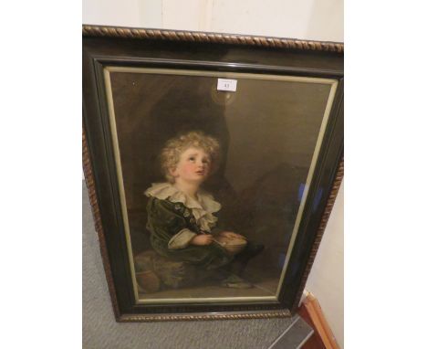 A VINTAGE FRAMED AND GLAZED PEARS PRINT OF A BOY BLOWING BUBBLES, 68 x 45 cm