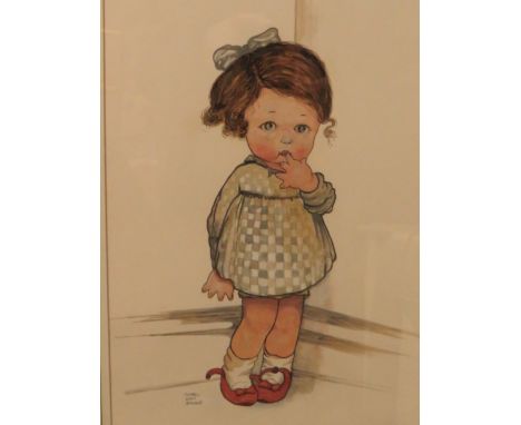 A MABEL LUCY ATTWELL COLOURED SKETCH, FRAMED AND GLAZED, 36.5 x 26 cm TOGETHER WITH A LOWRY FRAMED PRINT (2)