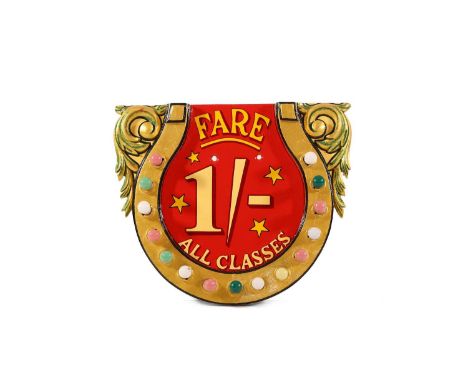 A carved and illuminated fairground carousel tariff board, c.1940s, in the shape of a horseshoe, inscribed 'Fare 1/- All Clas
