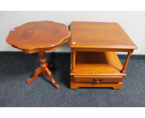 An inlaid yew wood lamp table and a wine table 