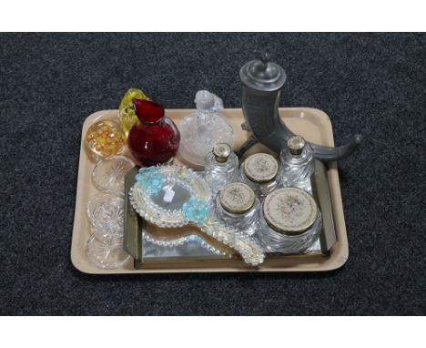 A tray of glass paperweights, Venetian glass hand mirror, glass trinket set, coin collection and a pewter horn lidded goblet 