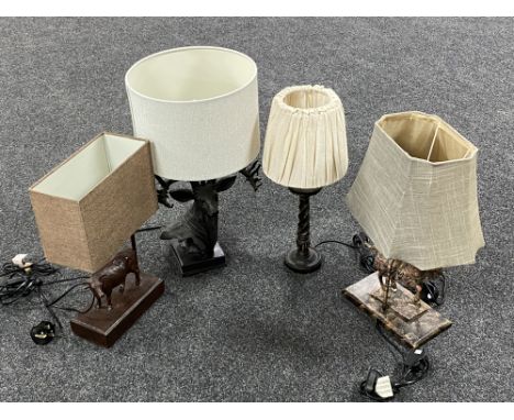 Three contemporary figural table lamps and one further lamp 