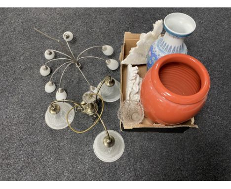 A box of two chalk wall shelves, contemporary vases, pressed glass vase, two chrome light fittings  