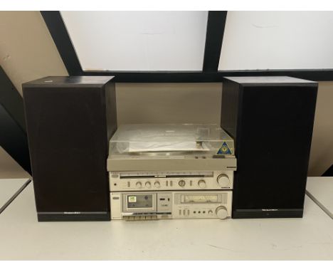 Three Hitachi hi/fi separates - stereo turntable, receiver and tape deck, and a pair of Mordaunt-Short speakers  