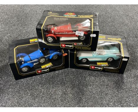 Three boxed Burago 1/18 scale die cast vehicles : Alpha Romeo Monza, Chevrolet Corvet and a Bugatti Type 59