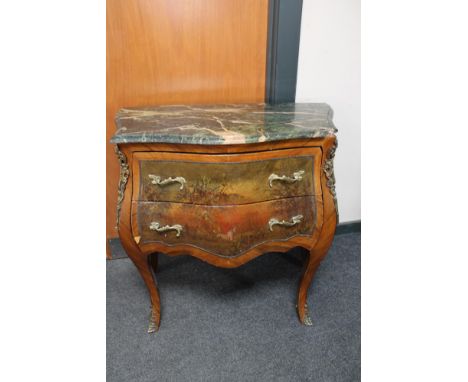 A hand painted French marble topped bombe commode chest 