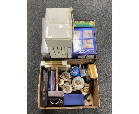 Two boxes of Christmas lights, Kenwood blender, books, prints, oriental teapot 