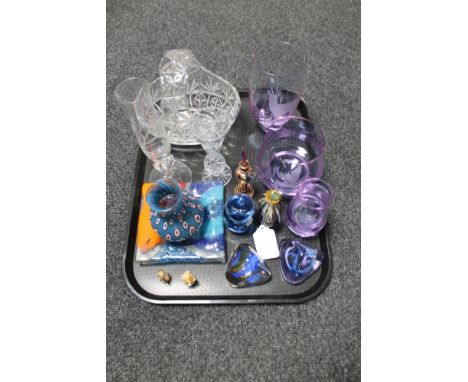 A tray of glass ware - Caithness vases, art glass vase, paperweights etc 