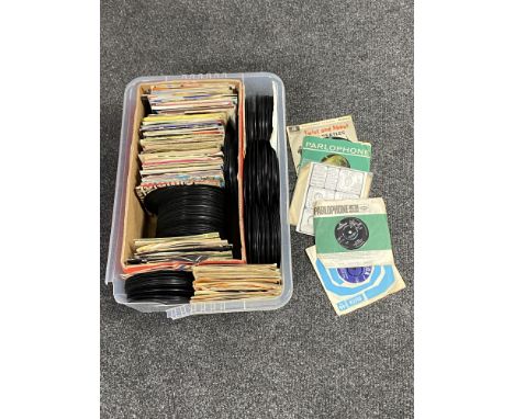 A box of 7" and 45 singles to include The Rolling Stones, The Beatles etc  