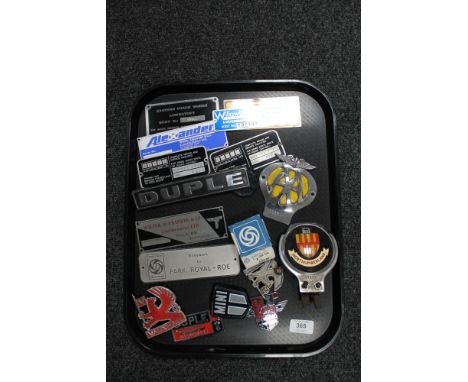 A tray of 20th century card badges and coach work plaques, two vintage car badges - AA &amp; Northumberland 