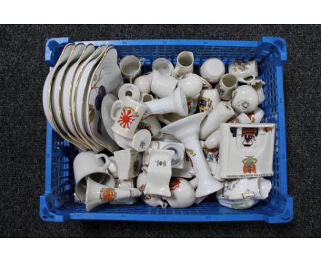 A basket of WW1 crested china and six Royal Worcester shallow dishes 