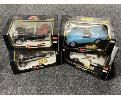 Four boxed Burago 1/18 scale die cast vehicles : Lancier Spider, Mercedes Benz Roaster, Jaguar SS100 and a Porsche 356 coupe 