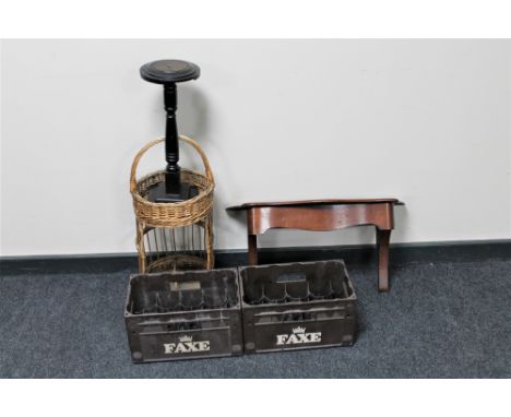 A smoker's stand, two plastic drinks crates, antique mahogany wall shelf and a wicker basket 