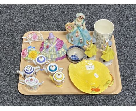 A tray of continental figures, Royal Doulton figure - Chloe, miniature teapot, china flower posies etc 