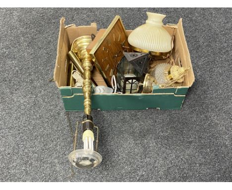 A box of mid 20th century wall clock with weights, brass table lamp, wall light with glass shade etc 