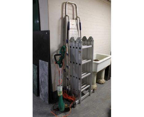 An aluminium folding multi function ladder, folding steps and a garden strimmer 