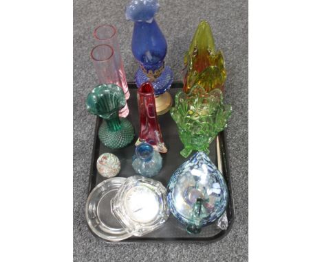 A tray of 20th century glass ware - ash trays, oil lamp, Bohemian glass vase etc 