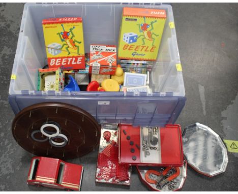 Box of vintage toys and tins, hoopla game, beetles game, packs of cards etc   