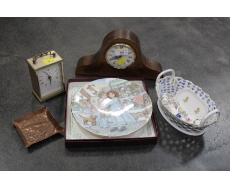 Small copper pin dish, decorative plate, carriage clock and mantle clock etc