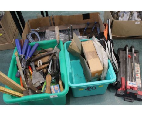 Three boxes of hand tools, tile cutter, rulers etc 