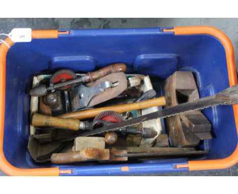 Box of hand tools, saws, planes, drills etc 