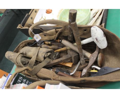Canvas bag of vintage tools, spoke shave, planes etc 