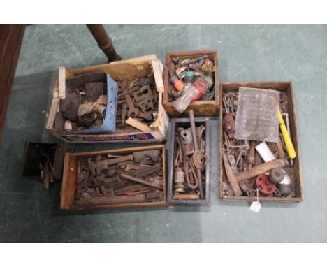 Six small boxes of vintage tools, fixings, attachments etc