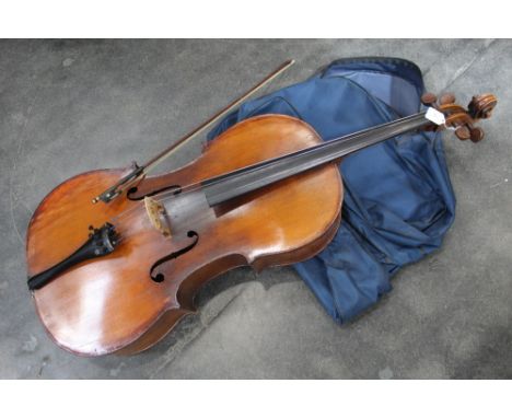 Late 19th century/early 20th century cello with Stradivarius label, bow and cover  CONDITION REPORT: This is a full-size cell