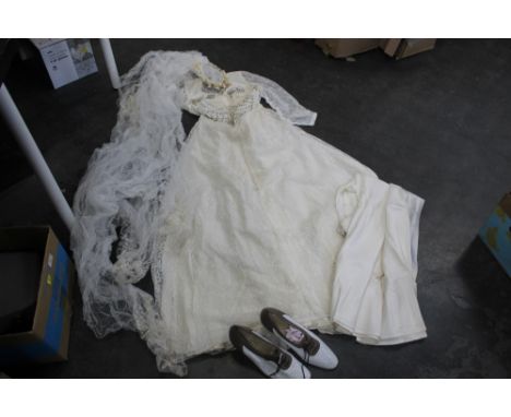 Vintage wedding dress, purses, shoes etc 