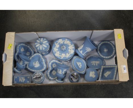 Box of Wedgwood Jasperware, trinket dishes, vases, lidded pots, lighters etc  