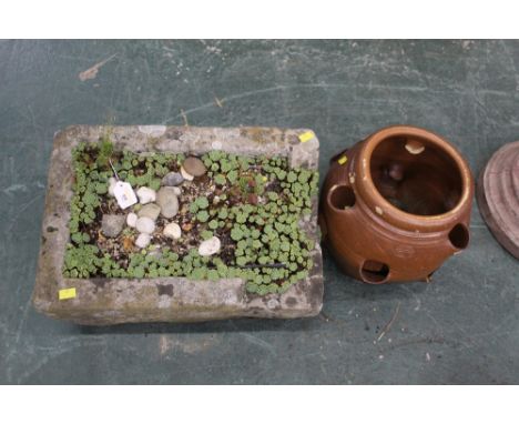 Small sandstone trough and strawberry pot