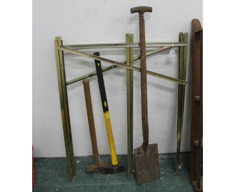 Sawhorse and a quantity of tools to include shovel, axe, sledge hammer 