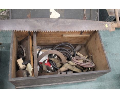 Vintage toolbox, including hand tools, saw, shears etc 