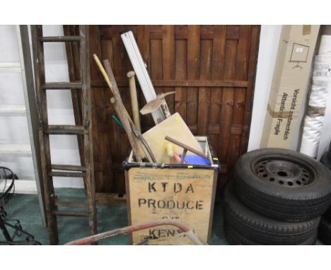Garden tools, shovels, saws, etc (tea chest not included)
