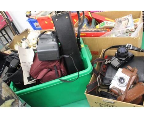 Two boxes of cameras and camera equipment, Yashica FX-3, Sharp View Cam No 8, Sharp View Cam VL-E31 etc  