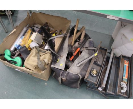 Cantilever toolbox, box and bag of hand tools, slate hammer, mallets, floats, planes etc  