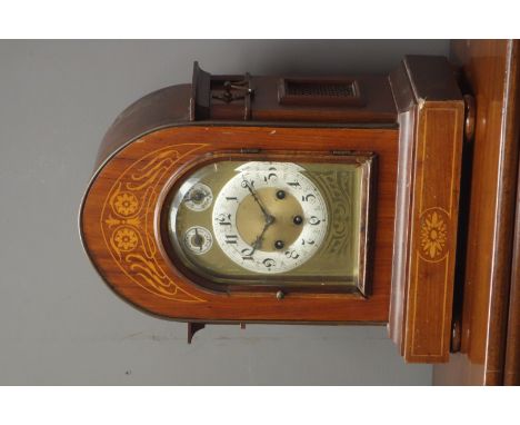 Early 20th century inlaid walnut bracket mantel clock, engraved brass dial with silvered Arabic chapter ring, chime/silent an