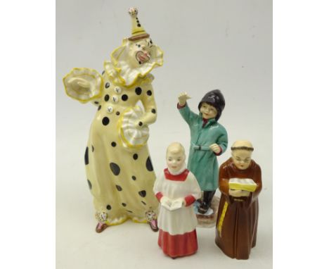 Royal Worcester monk candle snuffer, Coalport 'Clown', Royal Worcester 'February', Royal Doulton 'Choir Boy' (4)